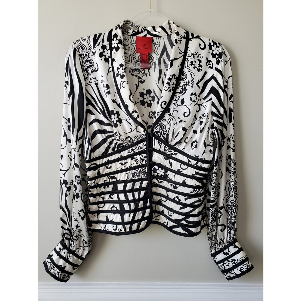 Women JS Collection Black Ivory Silk Blouse 6 Corporate Chic Elegant Cocktail
